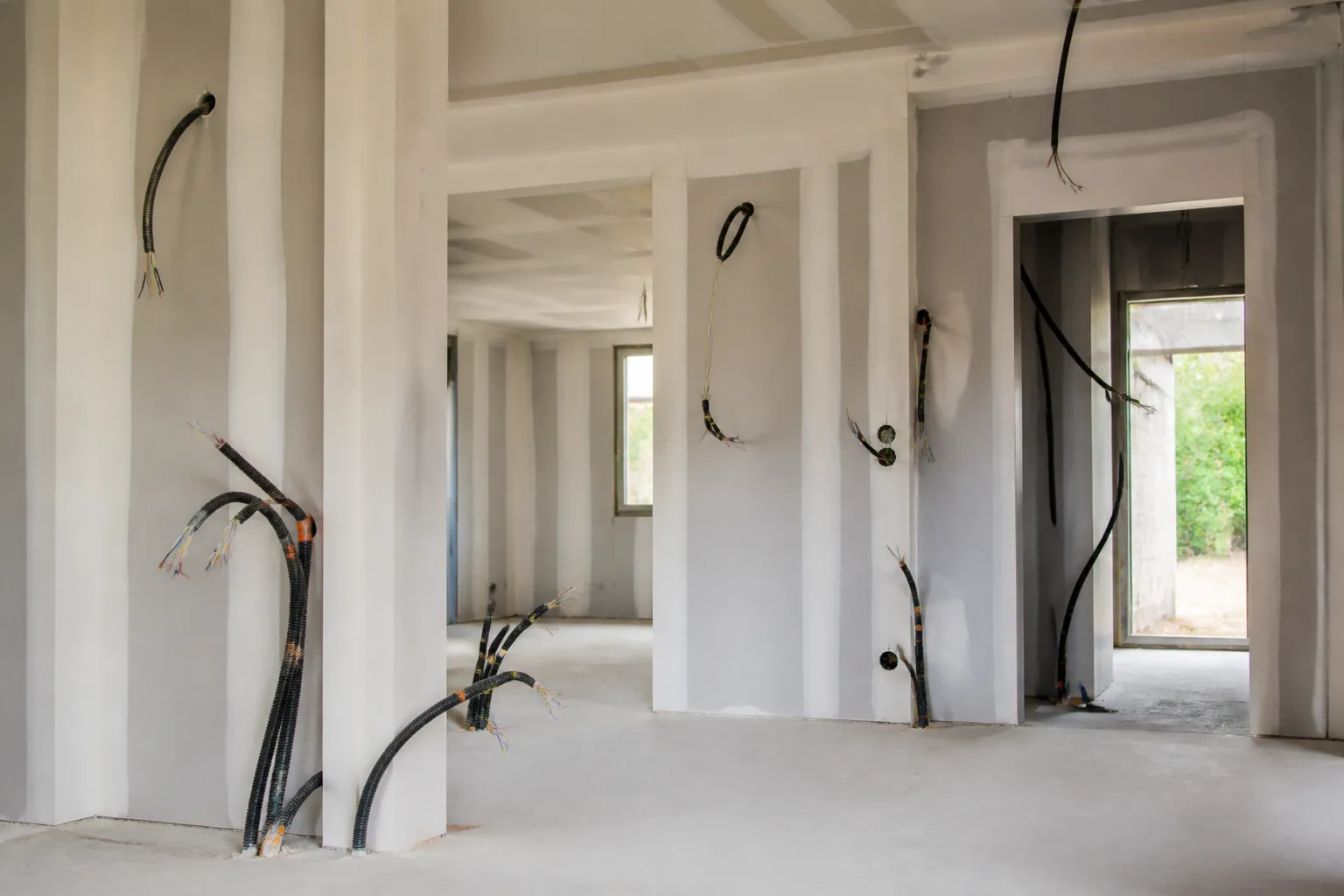 Cloisons et reseaux electriques apparents dans un logement neuf, en Gironde.