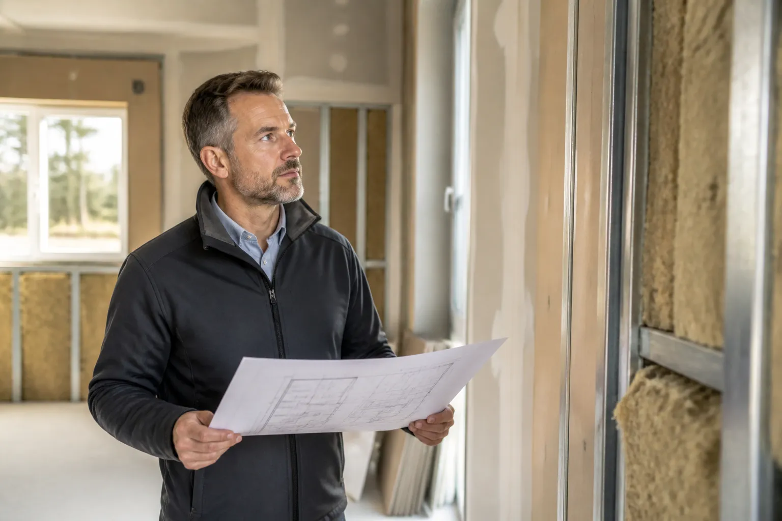 Expert en batiment avec un plan qui controle des cloisons et l isolation, en Gironde.