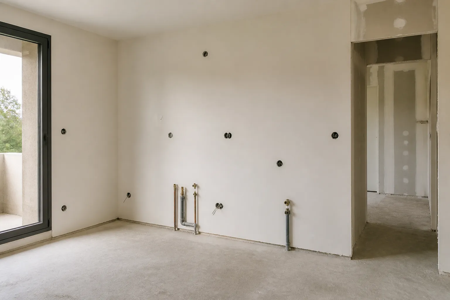 Espace cuisine d un appartement neuf avec des arrivees d eau, en Gironde.