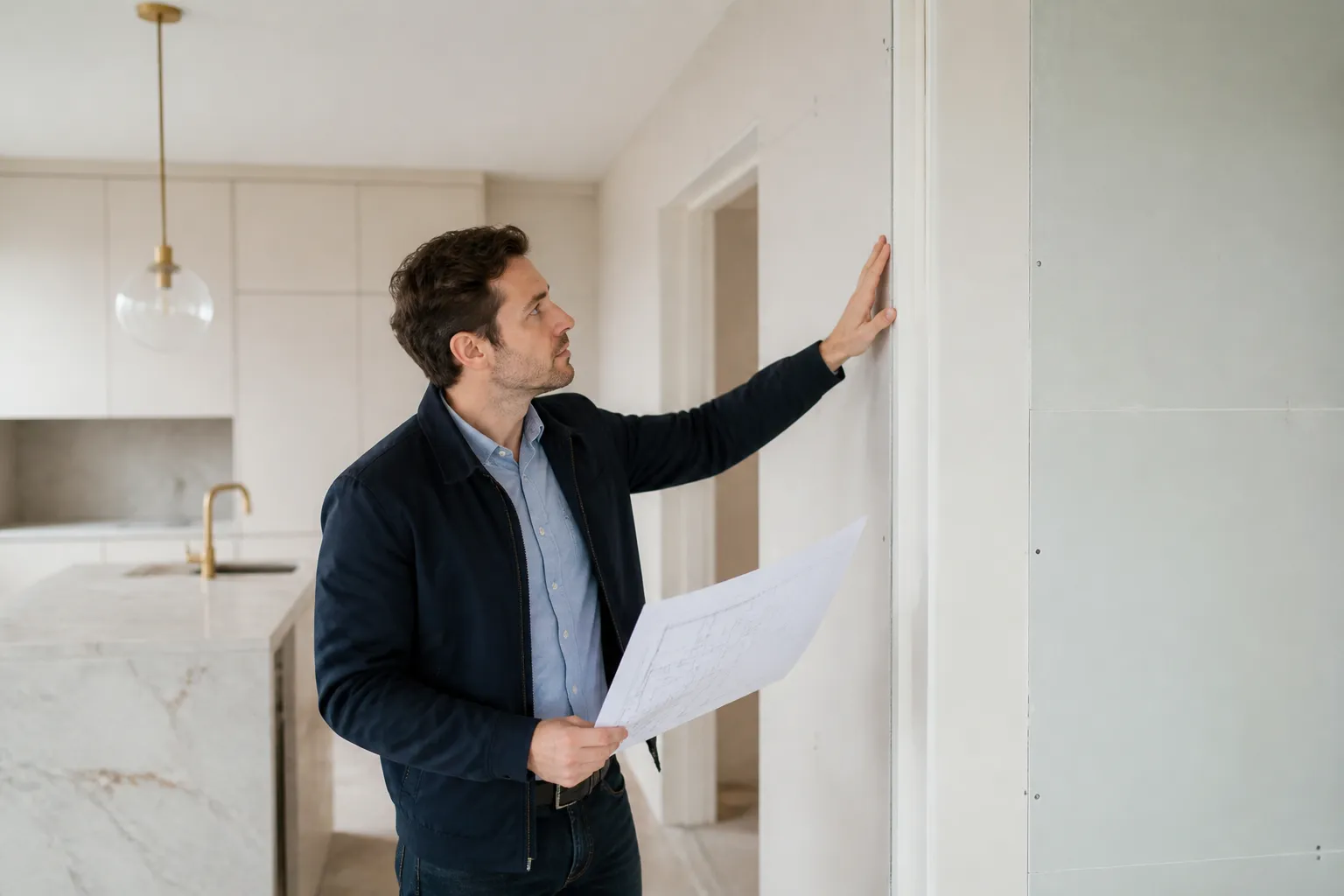 Expert en batiment avec un plan qui verifie les cloisons d une cuisine neuve, en Gironde.