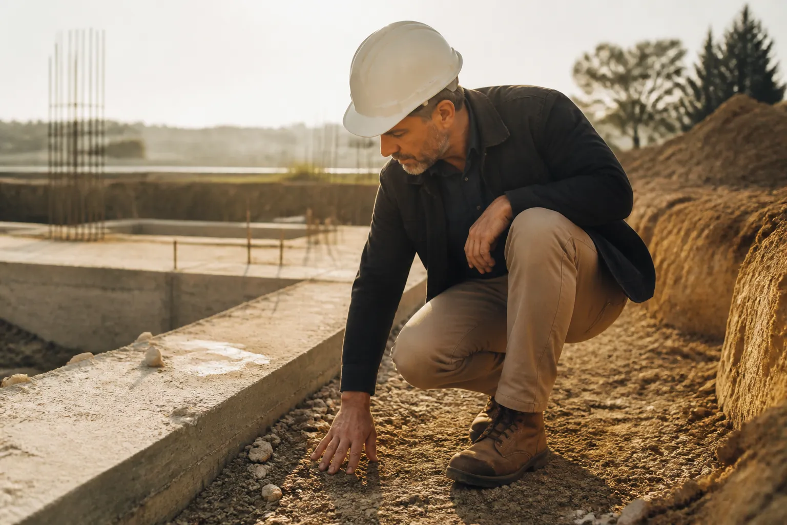 Expert en batiment qui examine le sol et les fondations d un chantier, en Gironde.