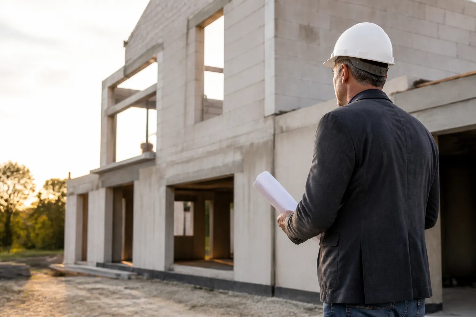 Expert en batiment avec un casque qui controle le gros oeuvre d une maison neuve, en Gironde.