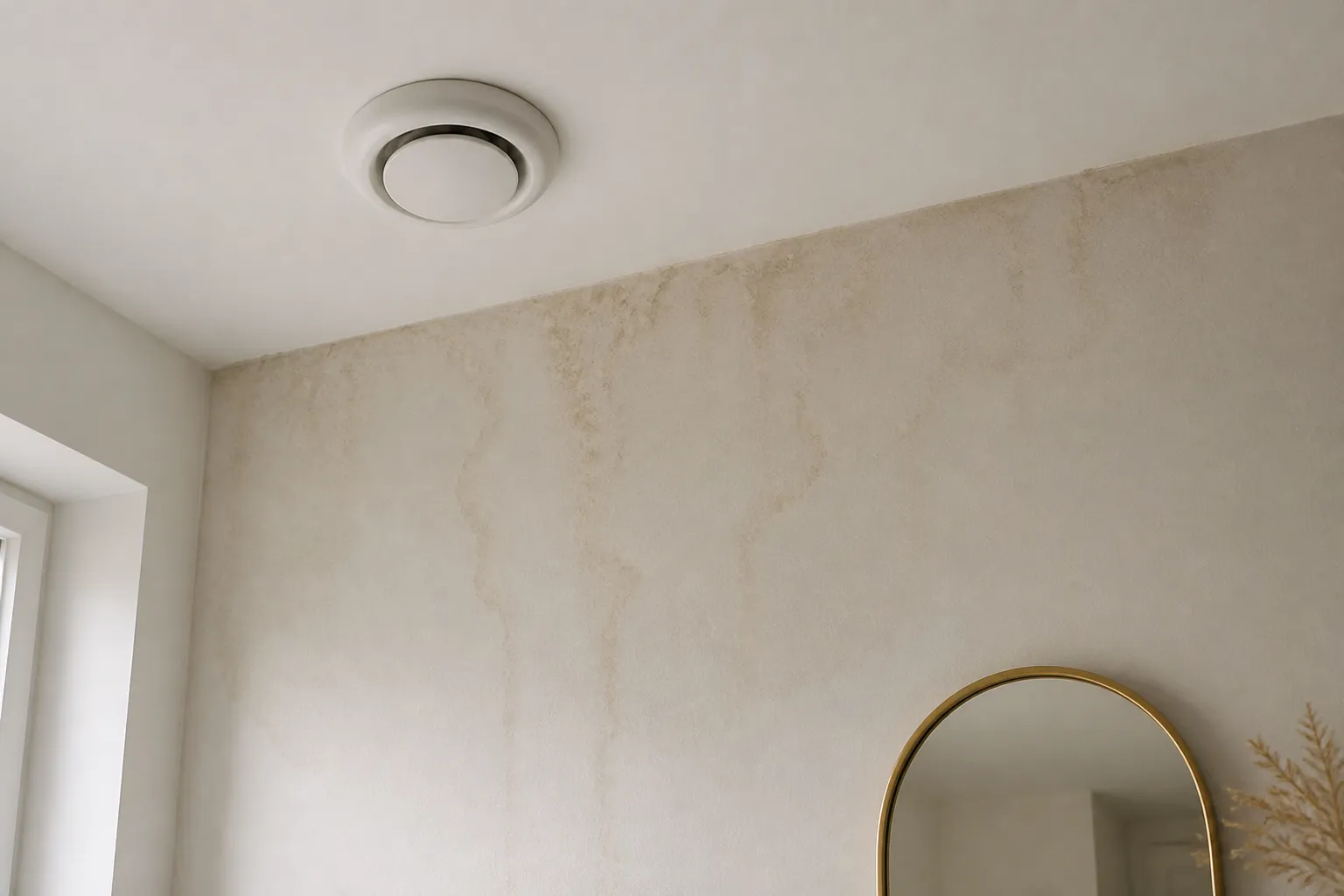Bouche de VMC au plafond et traces d humidite sur un mur, en Gironde.