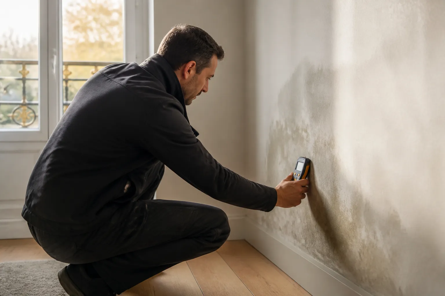 Expert en batiment qui mesure l humidite d un mur avec un appareil, en Gironde.